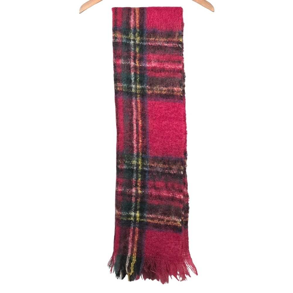 Prova Mohair Wool Plaid Fringe Scarf Wrap Red Green Yellow Blue Scotland 66x 18